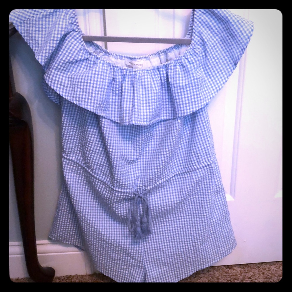 Honey Punch blue gingham off shoulder romper large